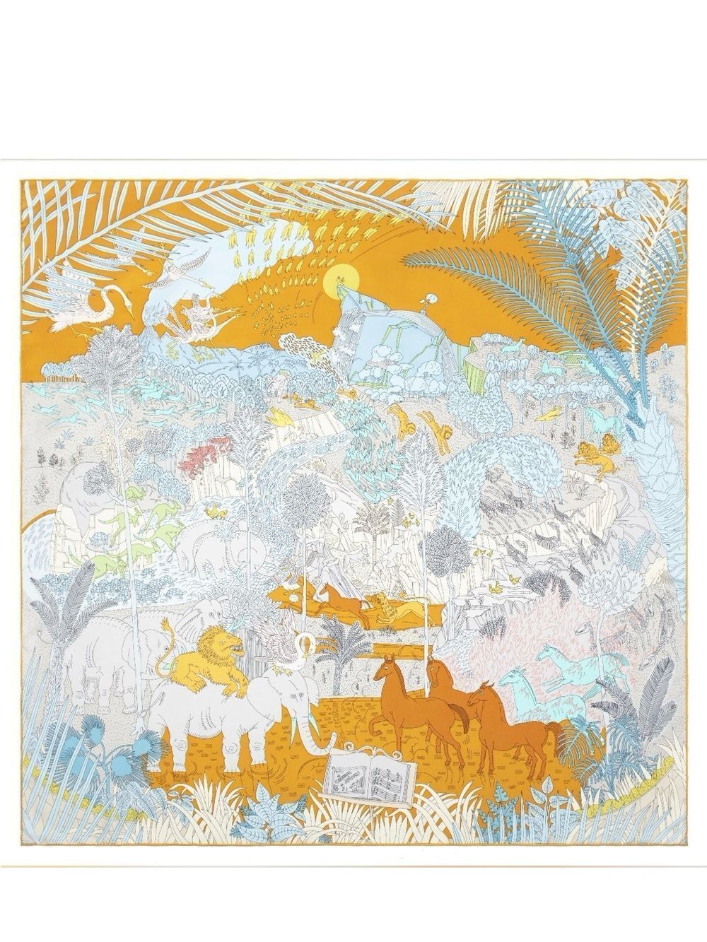 Luxury Golden Yellow & Light Blue Printed Silk Scarf (021)